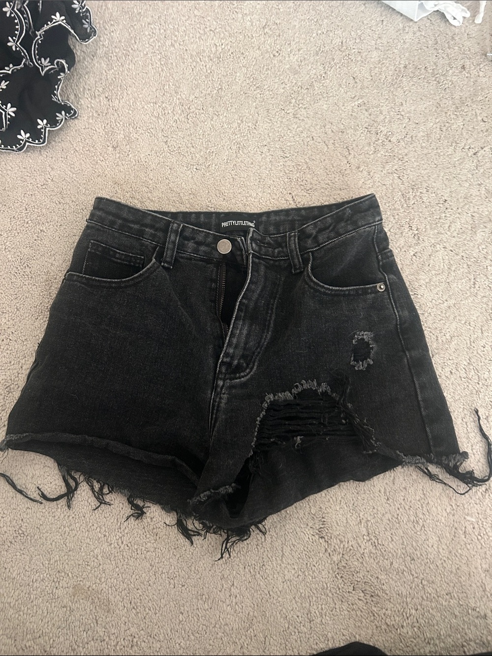 PrettyLittleThing Black Distressed Denim Shorts